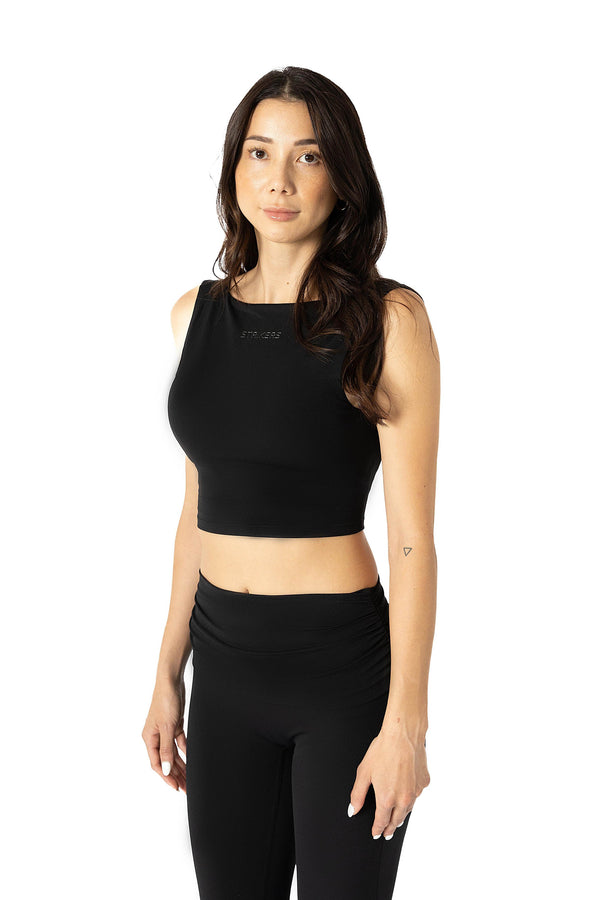 Aura Action Sleeve-Less Open-Back Crop Top Black