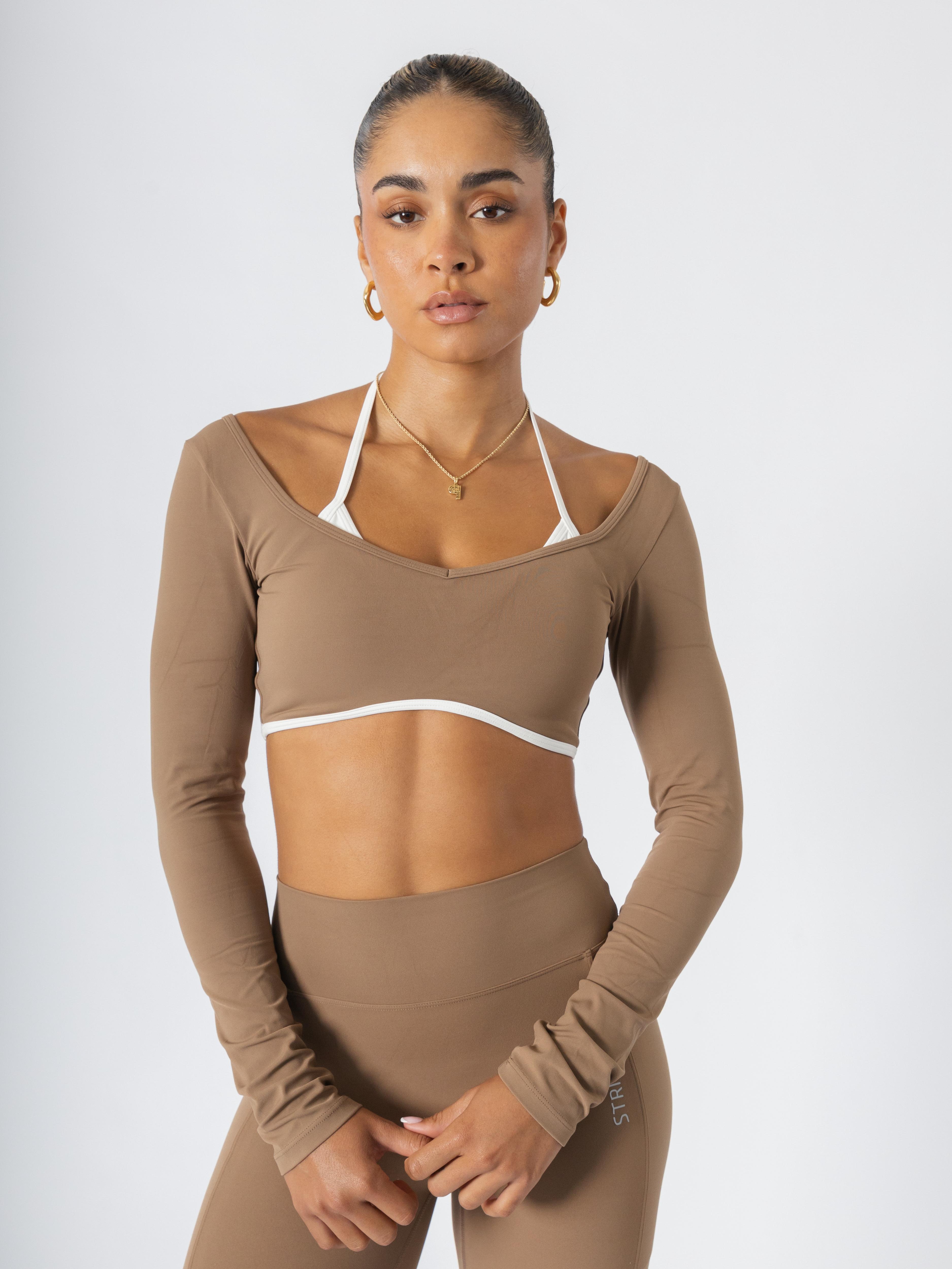 Soft Contrast-Trim Long Sleeve Crop Top Caramel