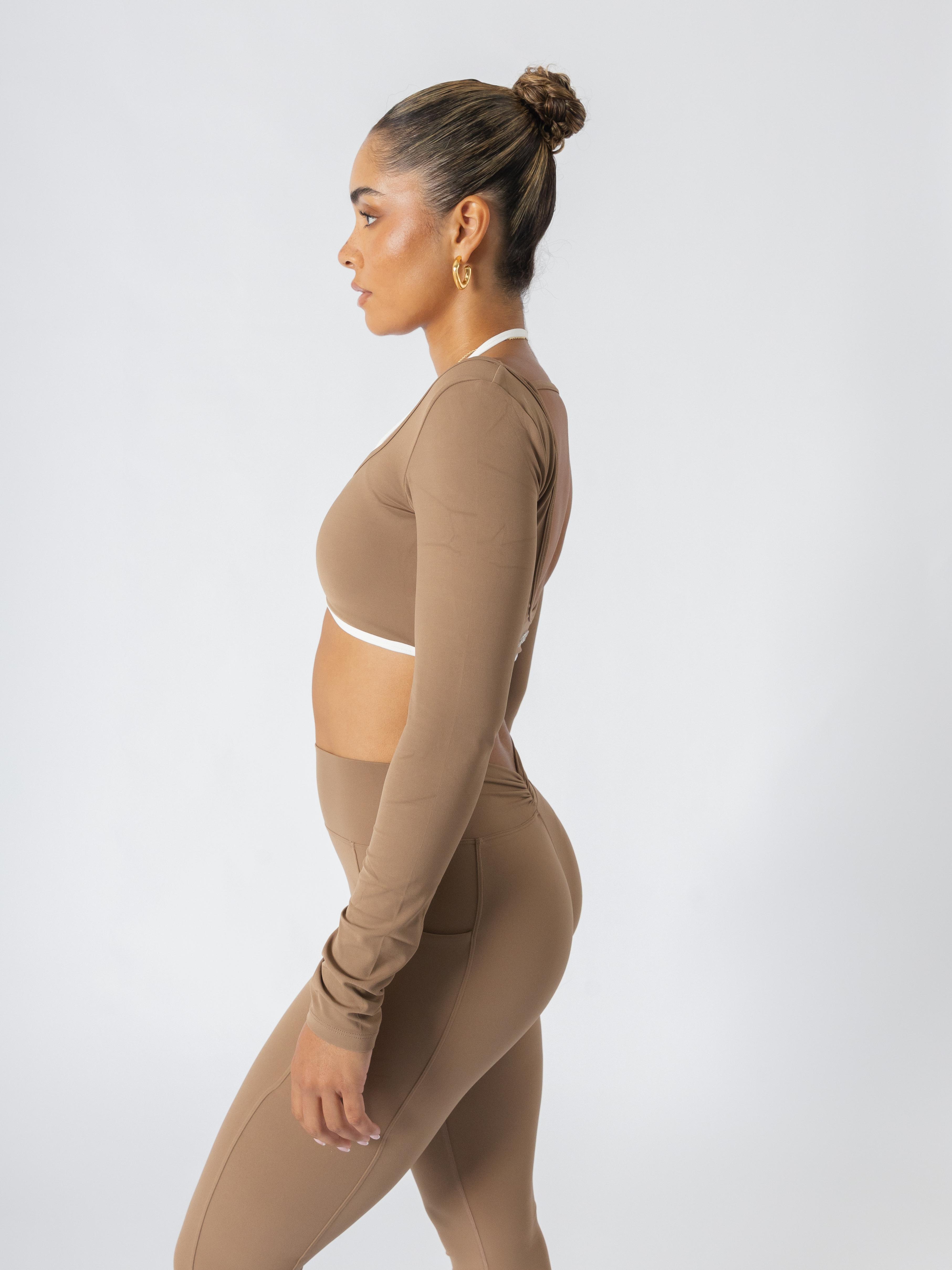 Soft Contrast-Trim Long Sleeve Crop Top Caramel