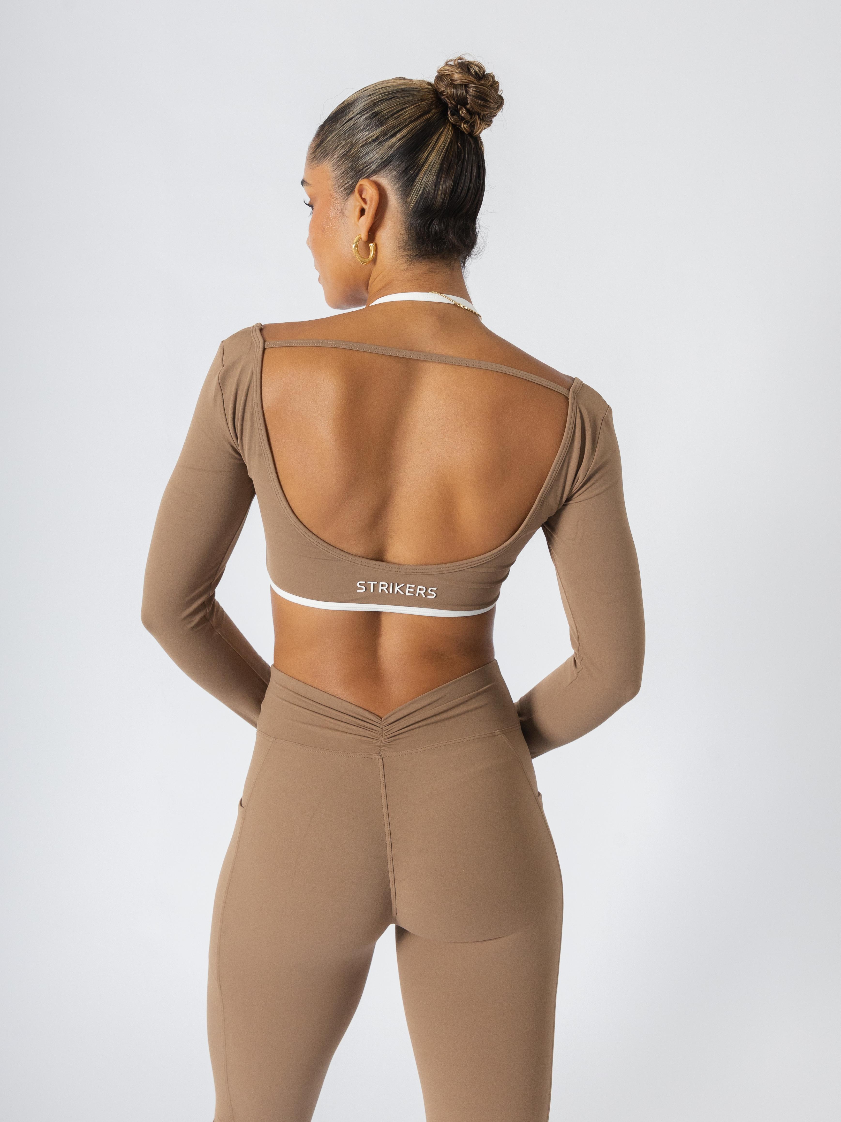 Soft Contrast-Trim Long Sleeve Crop Top Caramel