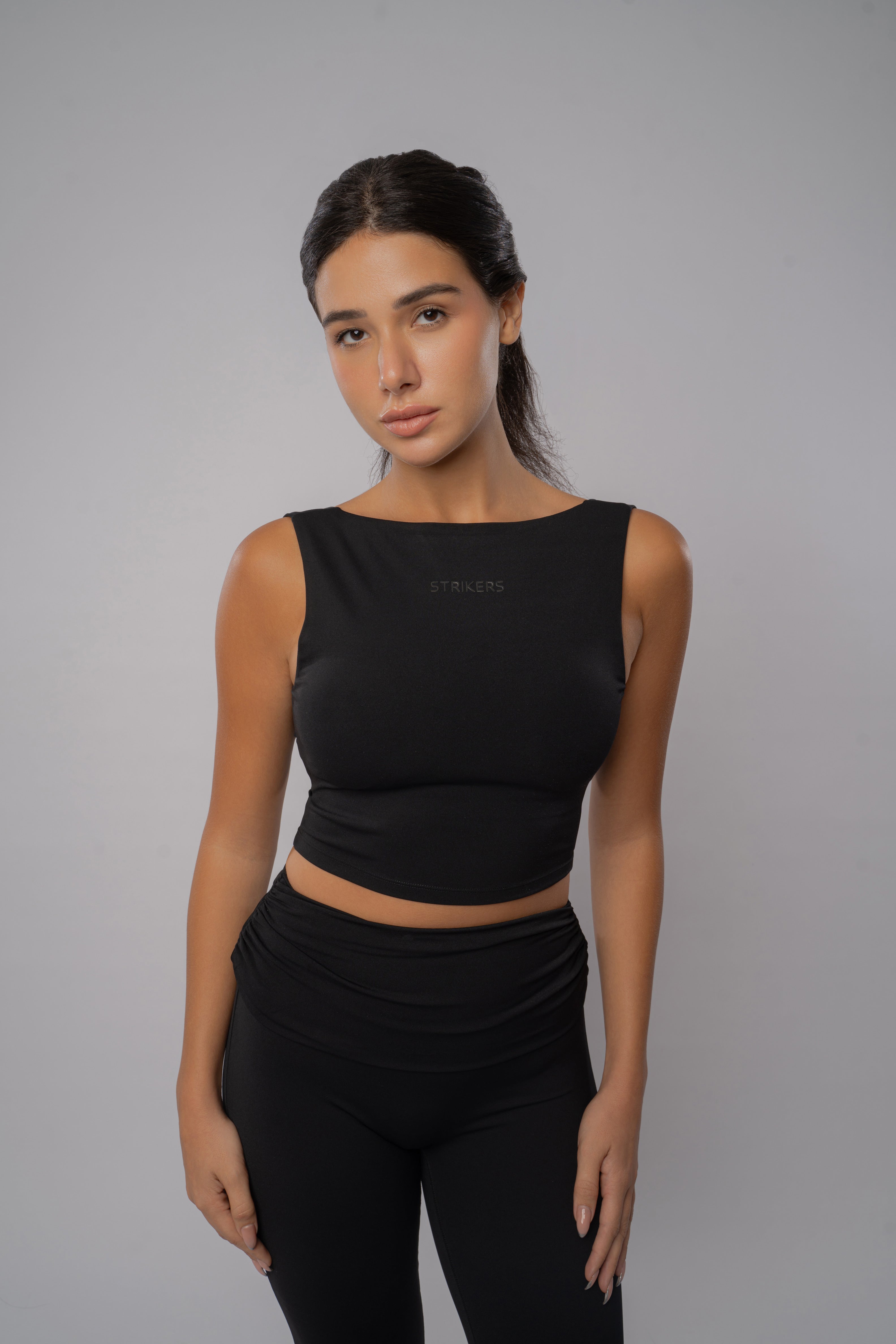 Fold over Open-Back Crop Top Black