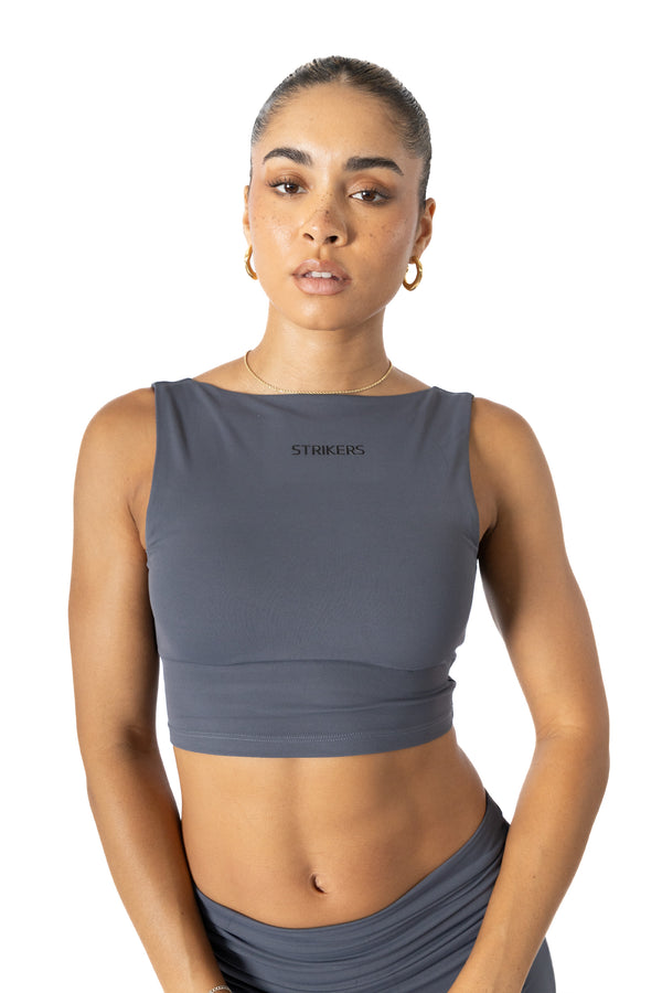 Aura Action Sleeve-Less Open-Back Crop Top Gray